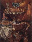 unknow artist Still life of a wine glass and bottle in a parcel gilt tazza together with a glass decanter on a pewter dish upon a draped tabletop china oil painting reproduction